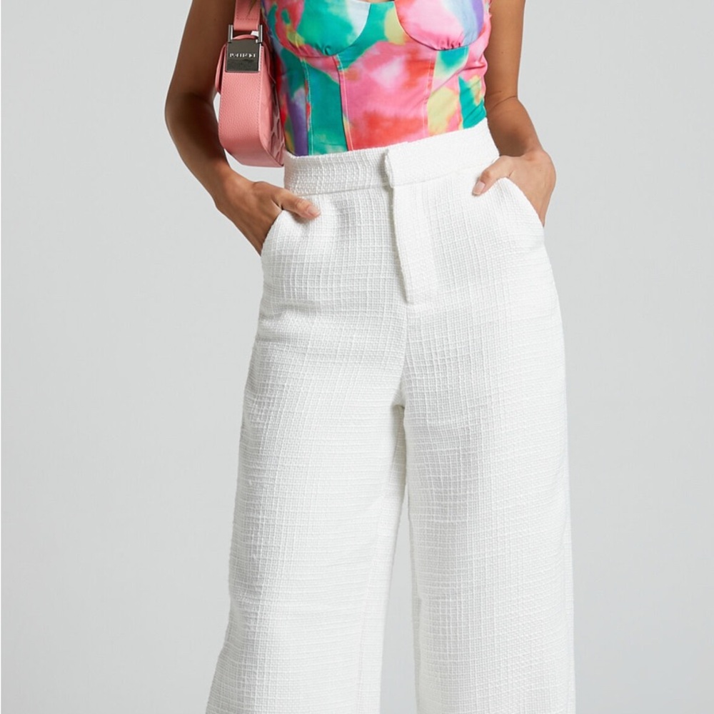 Showpo WALTERS PANTS - TWEED WIDE LEG HIGH WAIST TAILORED PANTS IN WHITE size 6